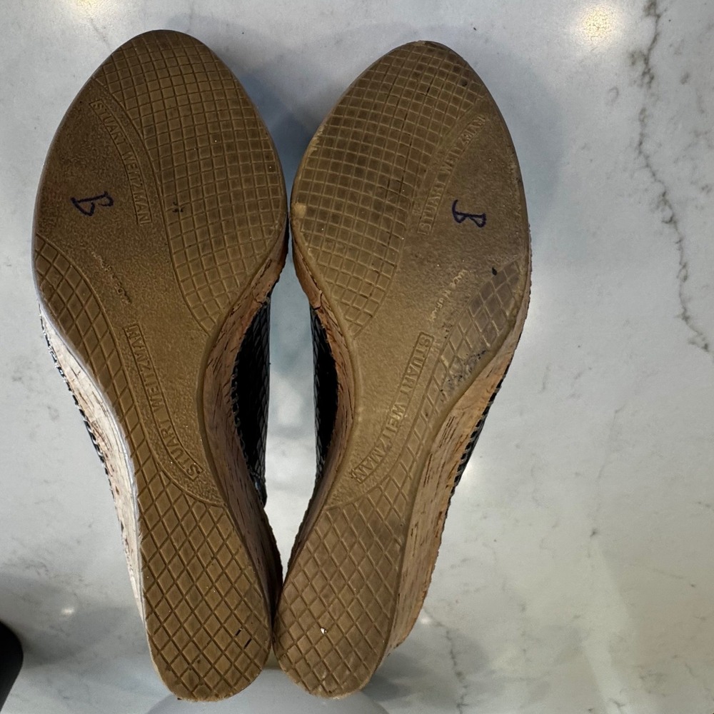 Stuart Weitzman Women 6.5 Black Snakeskin Embossed Cork Wedge Slingback Sandals - Picture 13 of 15